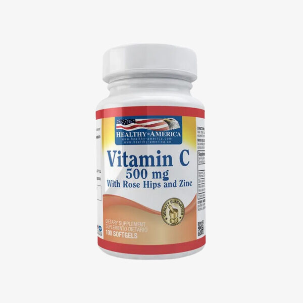 Vitamina C - 500 mg with Rose Hips and Zinc (Healthy America – 100 softgels)